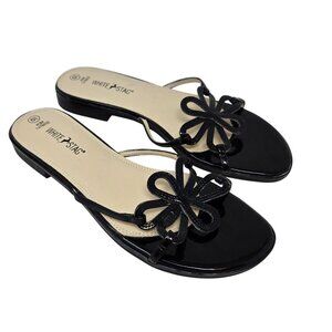 White Stag Womens Black Open-Toe Sandals Flower Detail Size 6.5 Faux Leather Sli